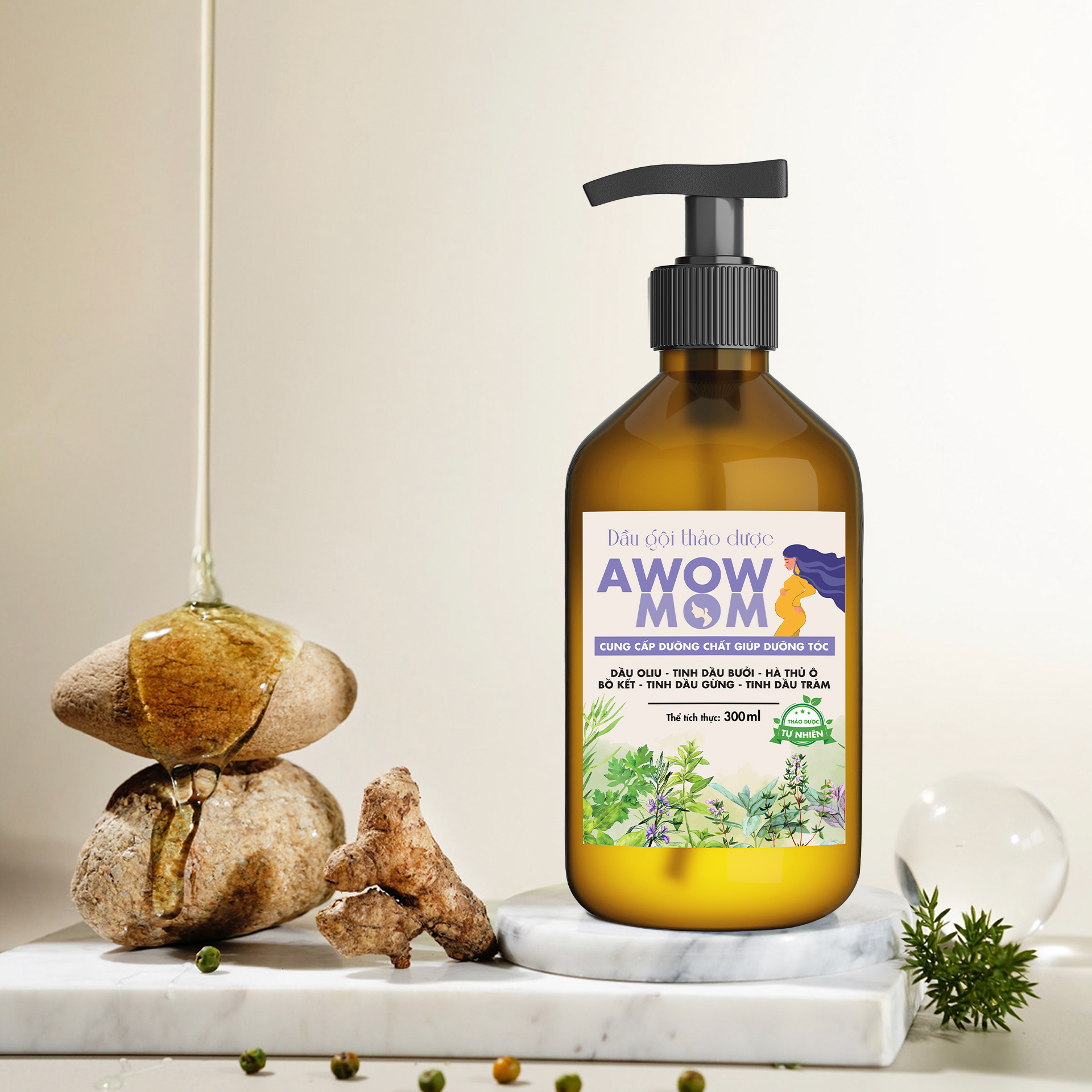 Dầu Gội Thảo Dược AWOW MOM - Dầu Gội Dành Cho Mẹ Bầu, Mẹ Sau Sinh An Toàn Lành Tính 300ml