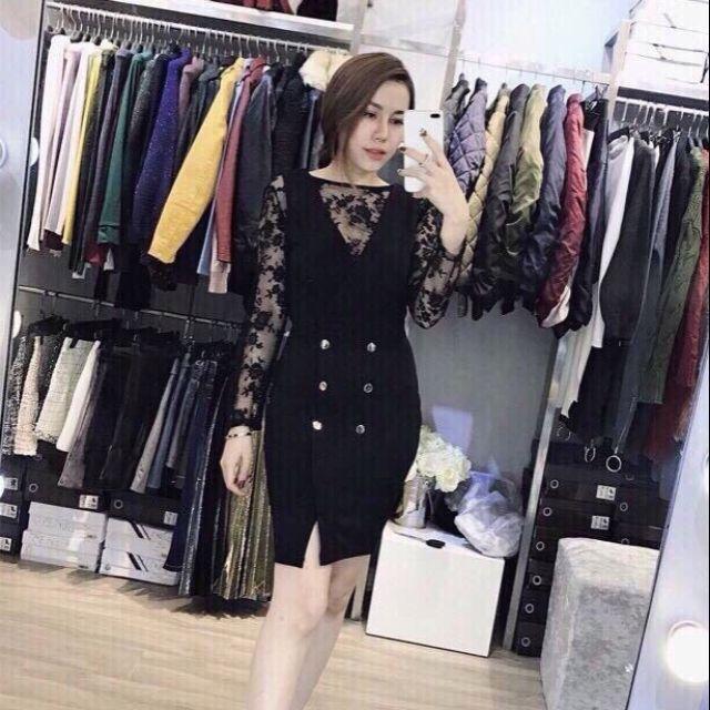 Sét áo ren tay dài phối yếm đầm cổ V kết nút