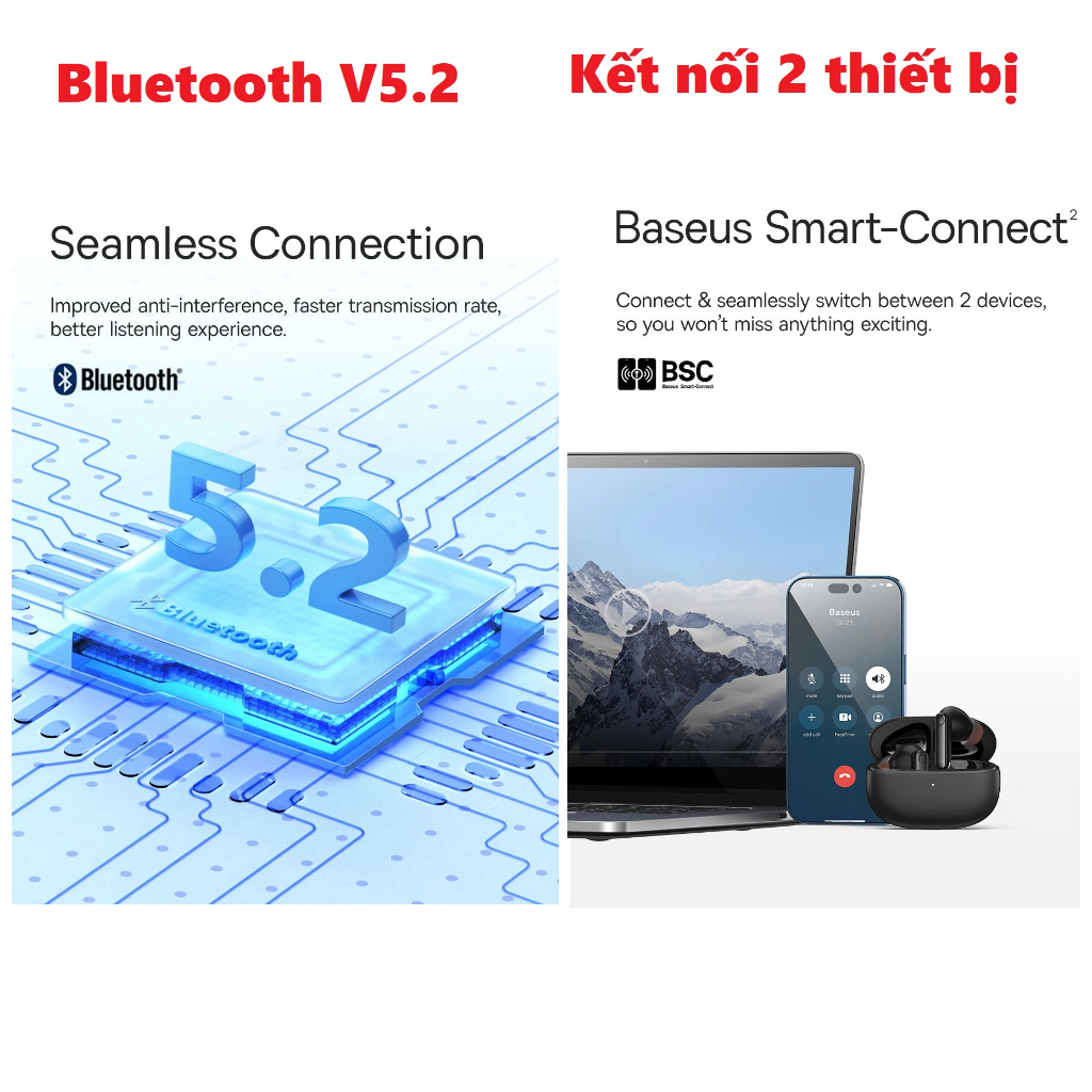 Tai nghe nhét tai bluetooth V5.2 Gaming chế độ chống ồn app tùy chỉnh Baseus Bowie MZ10 _ Hàng chính hãng