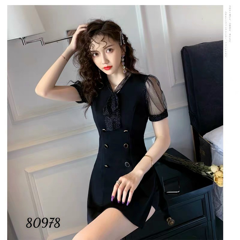 Đầm ôm body cổ nơ tay lưới tặng kèm quần xinh xắn đủ size từ 38-71kg