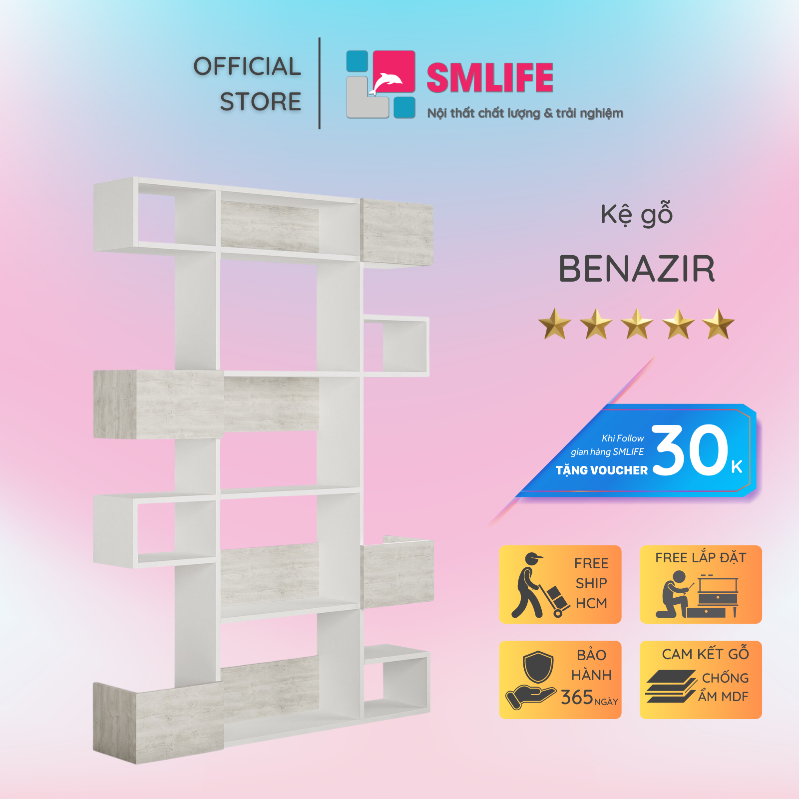 Giá sách gỗ phong cách hiện đại SMLIFE Benazir