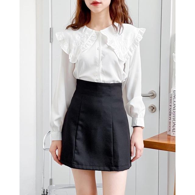 Áo sơ mi nữ cổ bèo thêu hoa nổi dài tay a238320 germe