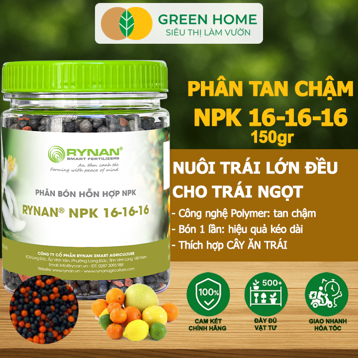 Phân Tan Chậm GreenHome, Rynan NPK 16-16-16, Hũ 150gr, Dùng Cho Cây Có Múi Khỏe Bền Tán Xanh Rễ Mạnh