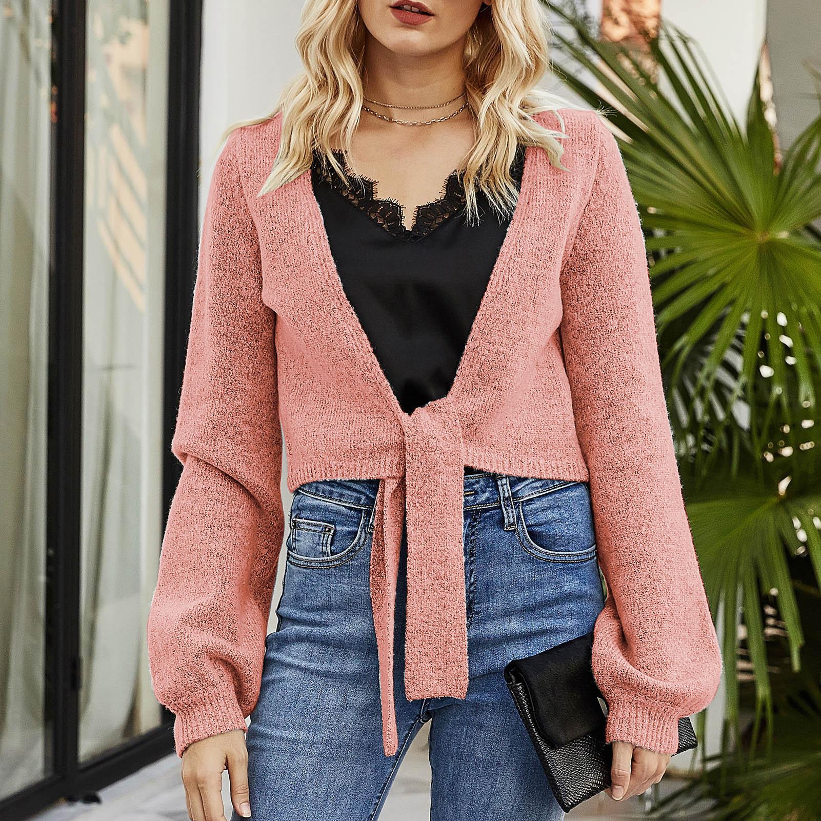 Women Knitted Sweater Cardigan Tied Hem Shawl Lantern Long Sleeve Soft Solid Crop Tops Slim Fit Coat