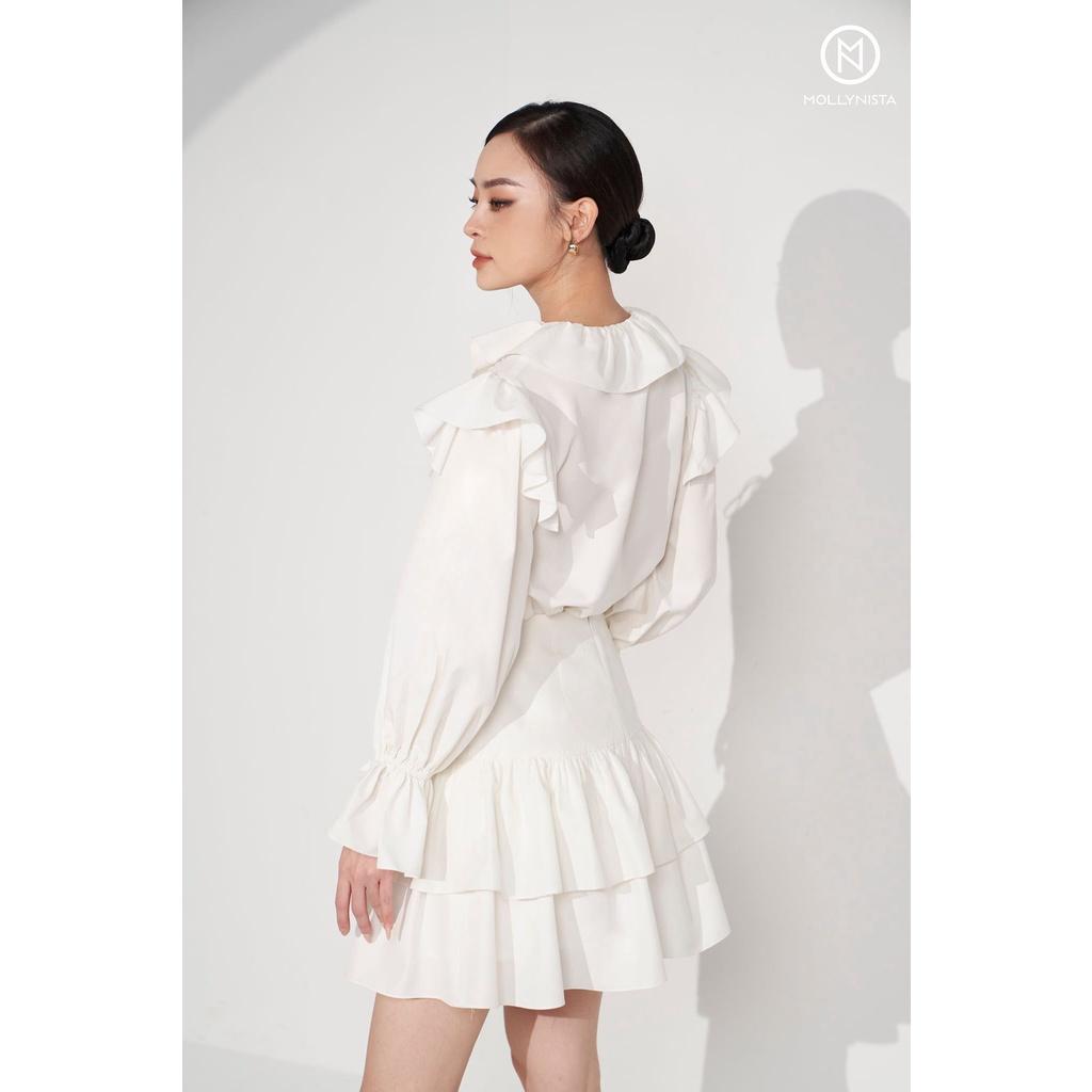 MOLLYNISTA - Váy Tania trắng 2 bèo tầng phối ren