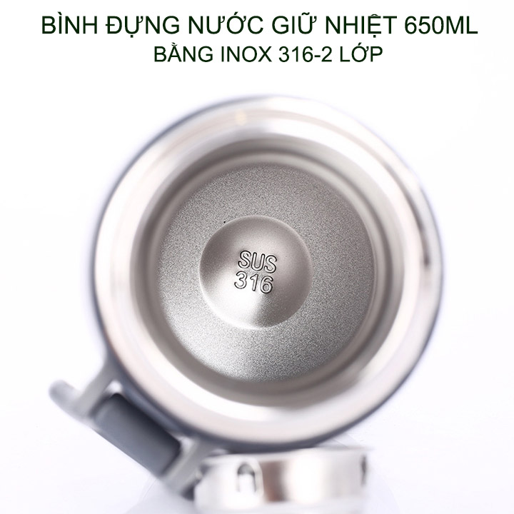 Bình đựng nước giữ nhiệt bằng inox 316 với 2 lớp giữ nhiệt 8-12 tiếng, dung tích 650ml