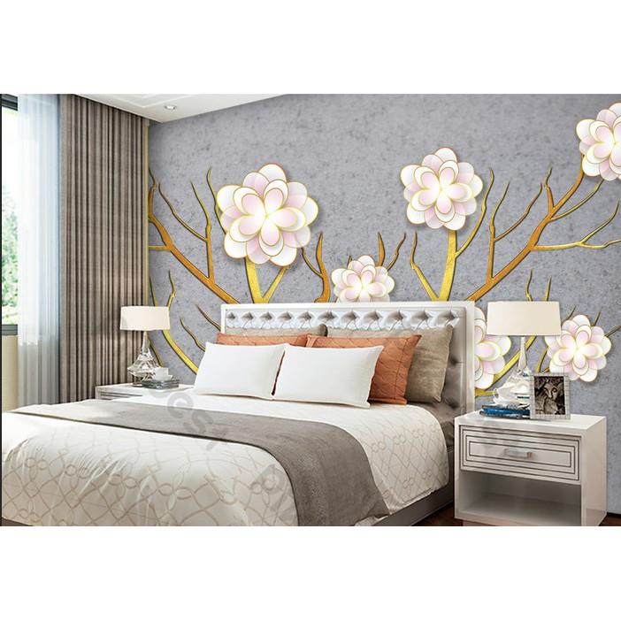 Tranh dán tường Hoa mai tứ quí may mắn, tranh 3d dán tường hiện đại MS684038