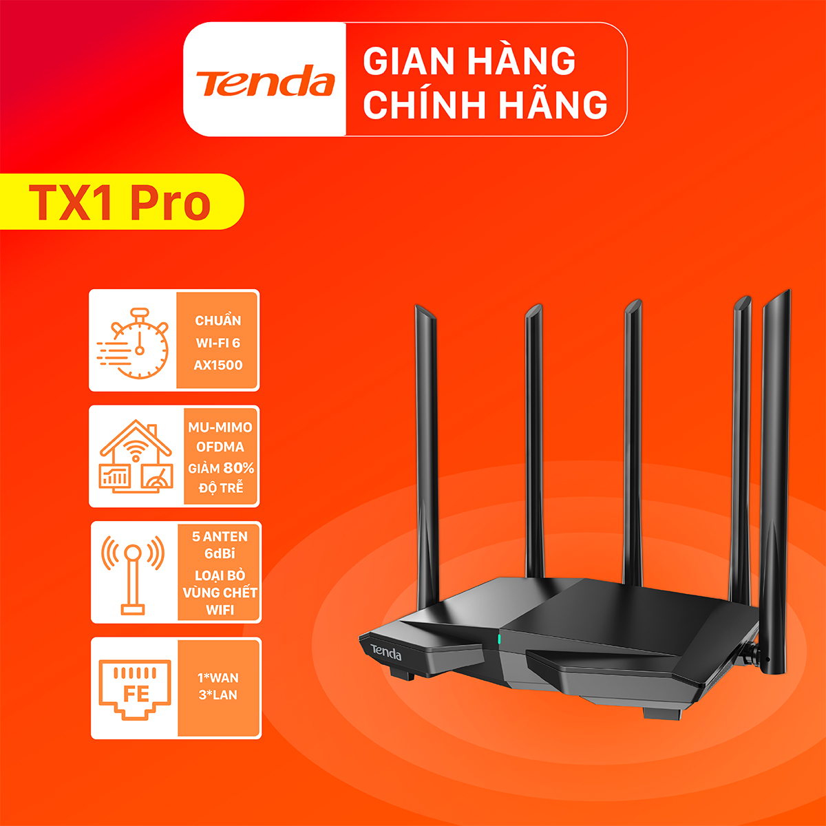 Tenda Thiết bị phát Wifi TX1 Pro Chuẩn Wifi 6 AX1500Mbps - Hàng chính hãng