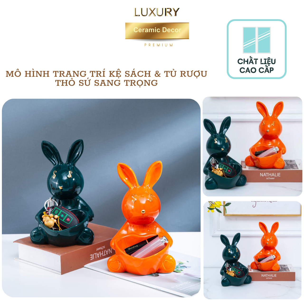 Mô Hình Trang Trí Phòng Khách, Kệ Sách Thỏ Sứ Sang Trọng Cao Cấp Màu Ngẫu Nhiên DECOR LUXURY - Hàng Nhập Khẩu