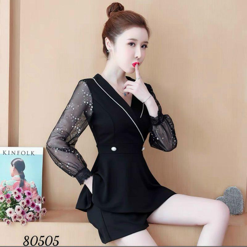 Sét bộ đồ nữ cổ vest tay dài phối lưới hoa xinh xắn size từ 40-70kg