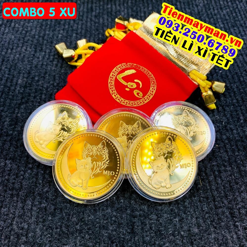 SET 5 ĐỒNG XU Mèo VÀNG KÈM TÚI GẤM ĐỎ MAY MẮN - MẪU XU 4, Tiền lì xì tết 2023 , NELI
