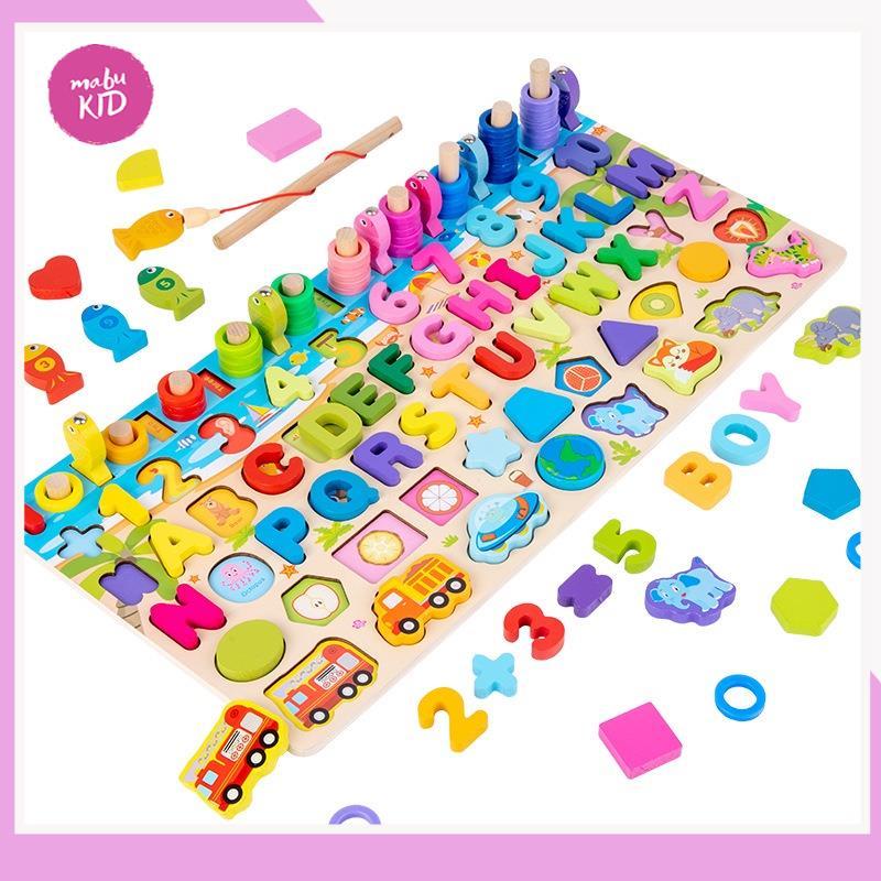 Bảng gỗ 6 in 1 - Bảng Chữ Cái Cho Bé, Số, Hình Học, Câu Cá, Phương Tiện Giao Thông Đa Năng