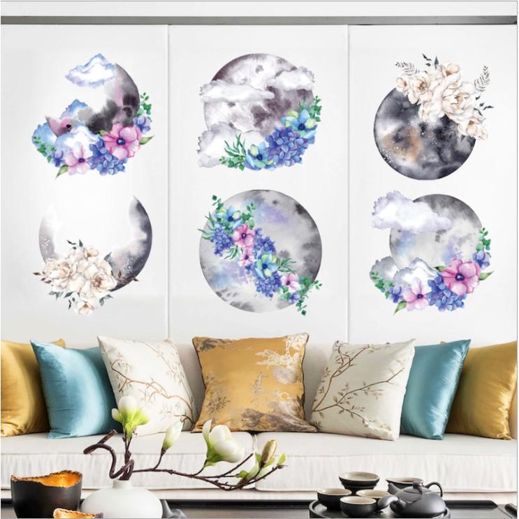 Decal dán tường trang trí - TRANH HOA TÍM TRĂNG HUYỀN ẢO
