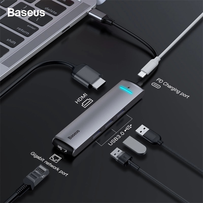 Hub sạc nhanh 87W chia cổng đa năng 6 in 1 Type-C dành cho Macbook Pro / Smartphone hiệu Baseus Mechanical Eye thành cổng Type-C PD 3.0, 3 cổng USB 3.0, jack mạng LAN, cổng HDMI chuẩn 4k - Hàng nhập khẩu