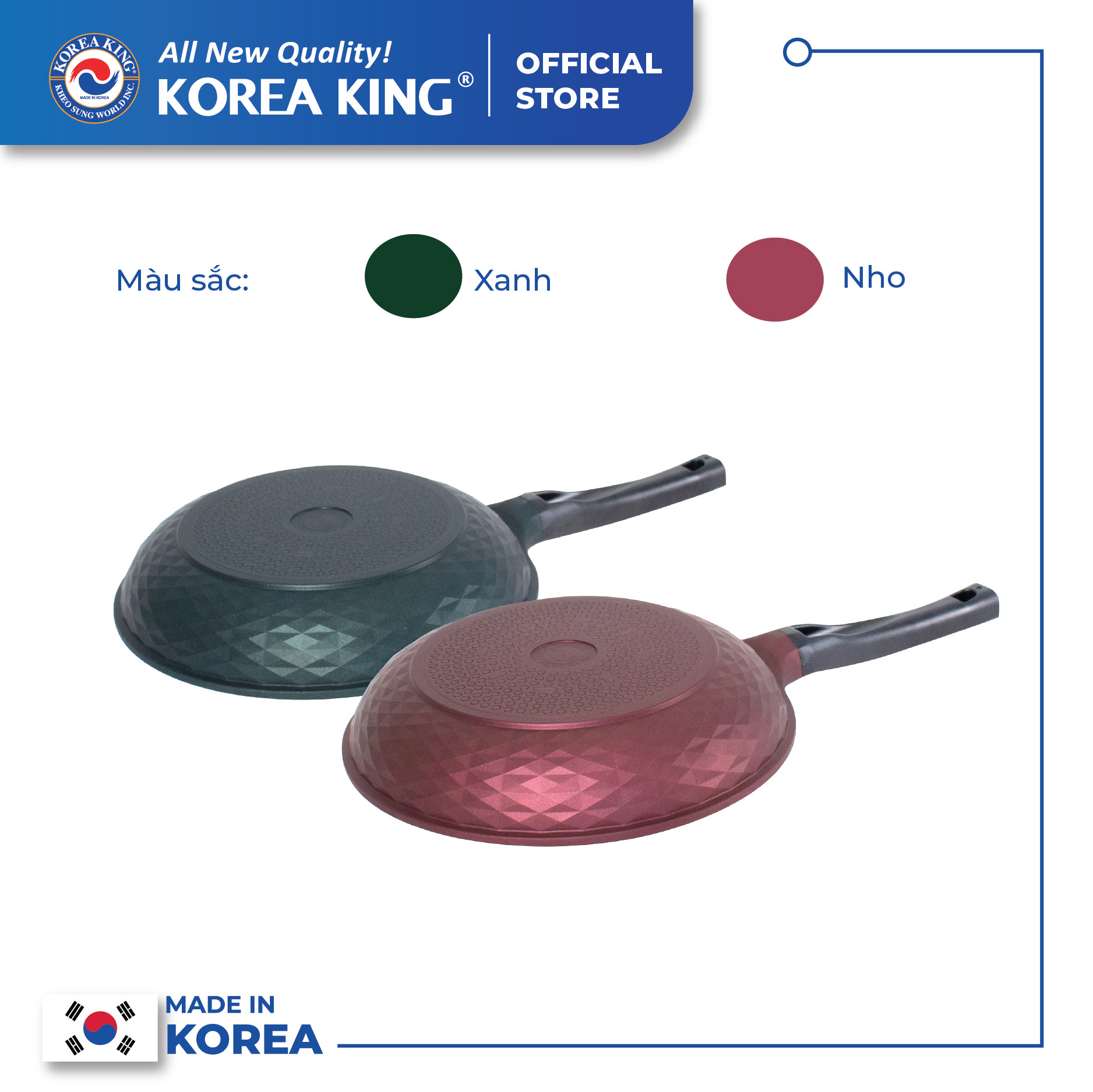 Combo 2 chảo sâu, cạn Diamond Premium Korea King(1 Chảo cạn 20cm và 1 Chảo sâu 28cm)-Hàng chính hãng