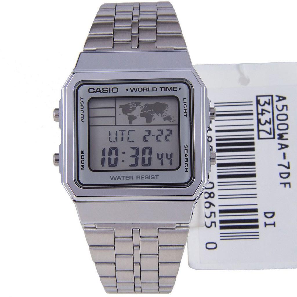 Đồng hồ điện tử nam/nữ Casio chính hãng A500, dây kim loại.