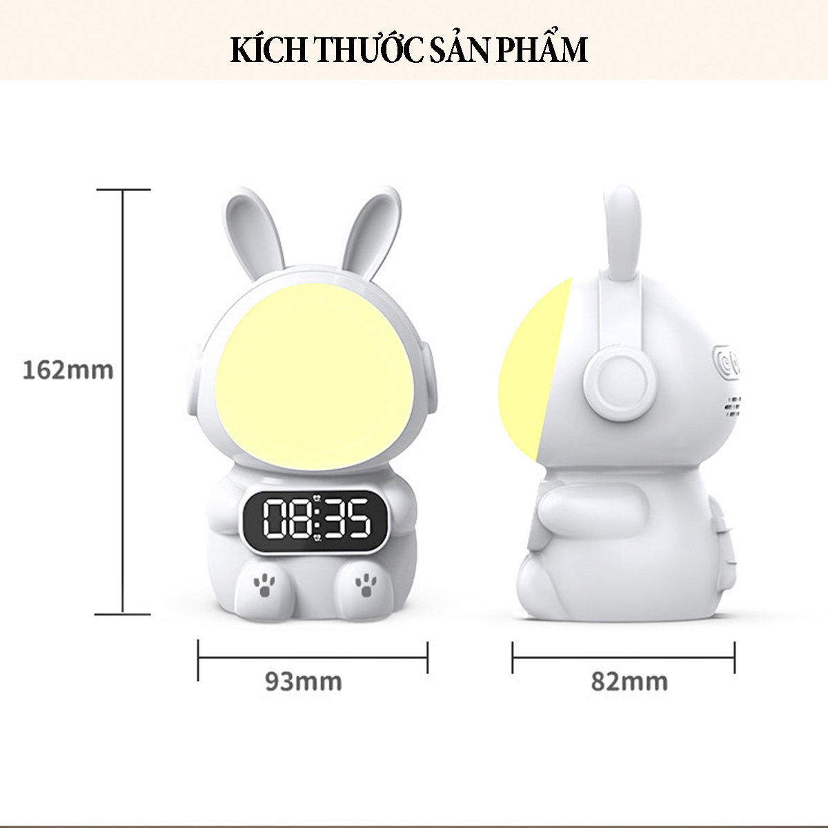 Đồng hồ xem giờ tích hợp đèn ngủ Rabbit điều khiển bằng giọng nói chức năng báo thức điều chỉnh độ sáng 4 cấp, pin sạc dung lượng 1500mA