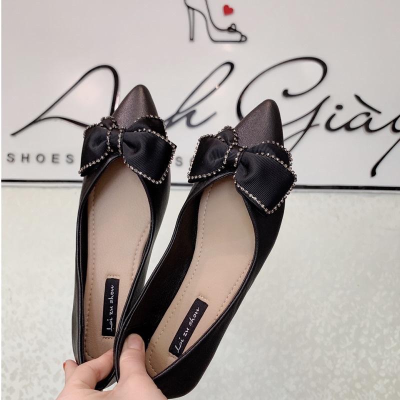 GB45 - Giày bệt mũi nhọn da lì nơ lụa to đế cao su dẻo