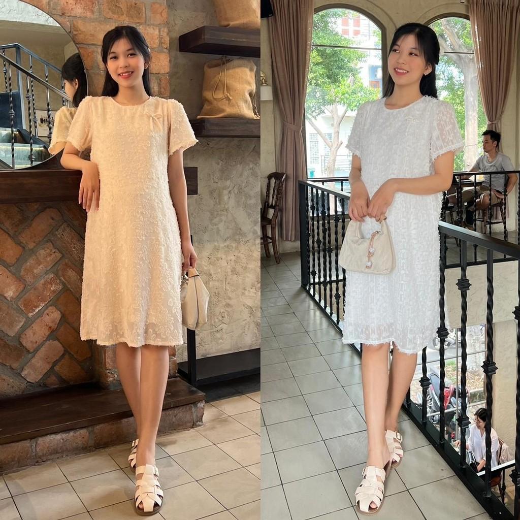 Đầm bầu tơ thêu nổi phom suông cách điệu đính nơ xinh xắn đi chơi, dự tiệc - Đỏ