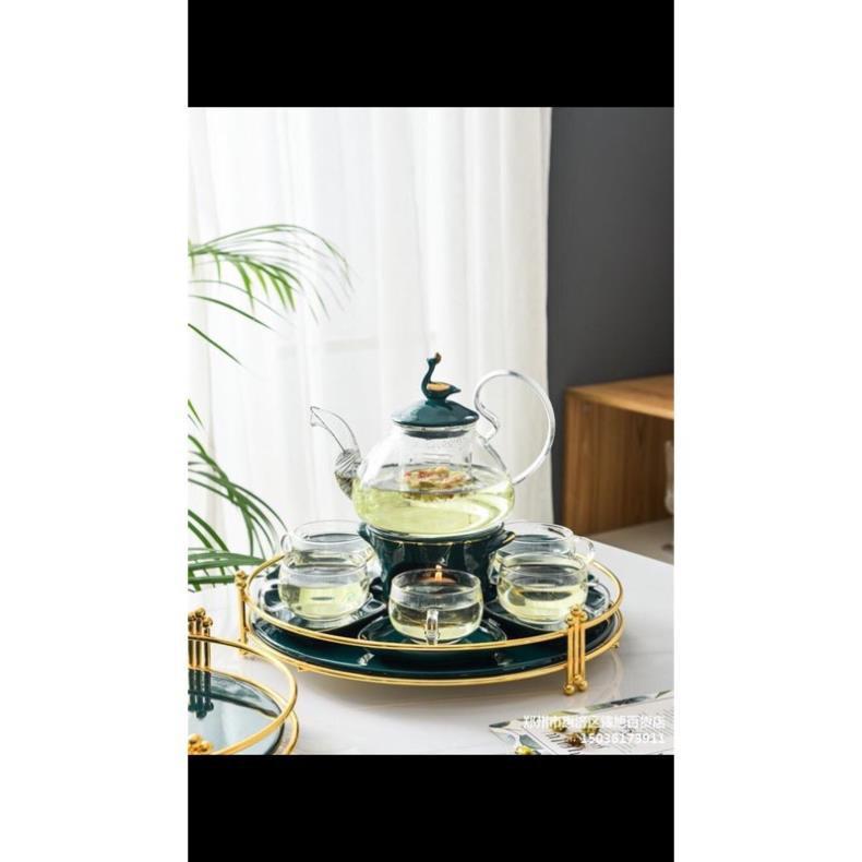 Bộ trà khay tròn thủy tinh cao cấp phong cách Nhật Bản