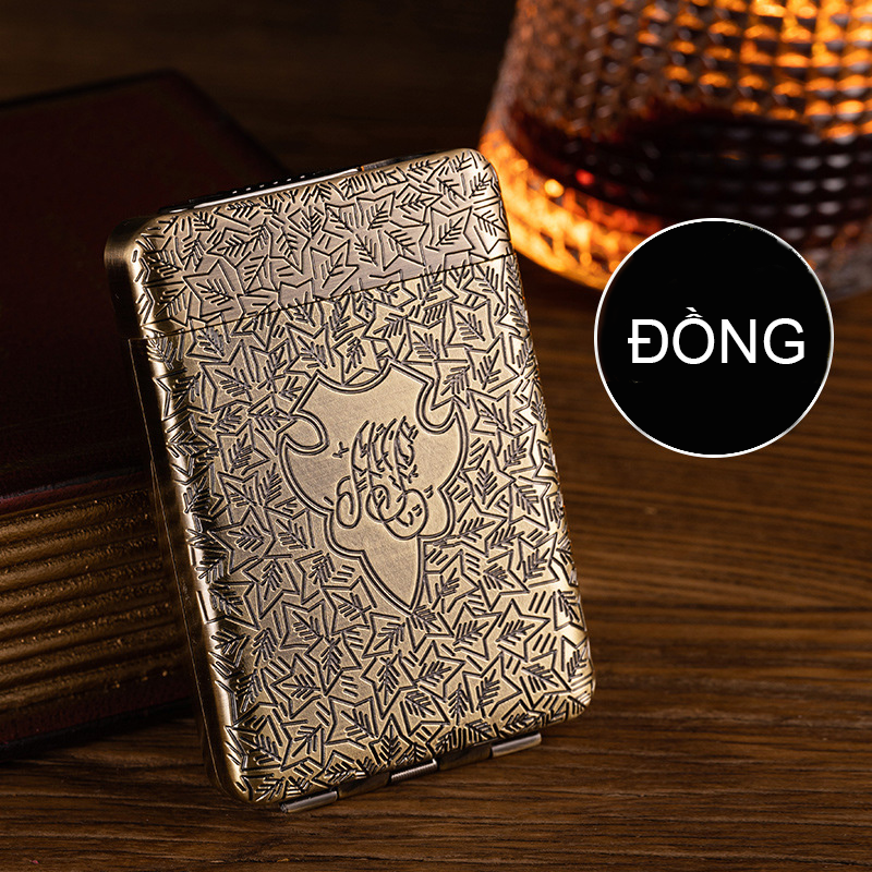 Bật Lửa Điện Kiêm Hộp Đựng Thuốc 16 Điếu Lớn Ngắn Đồng Thau Hoa Văn Cổ