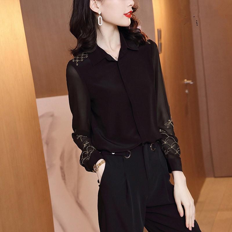 Áo Sơ Mi Nữ Công Sở Đen Phối Ren Thêu Ngọt Ngào SM15 - Hàng Quảng Châu Cao Cấp