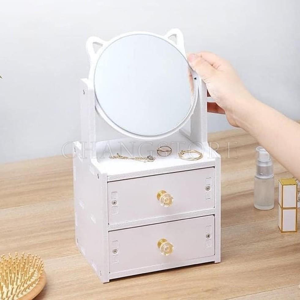 Kệ Đựng Mỹ Phẩm 2 Tầng Mini Gương Tai Mèo Xinh Xắn Đựng Nước Hoa, Son Phấn, Đựng Đồ Trang Điểm Thông Minh