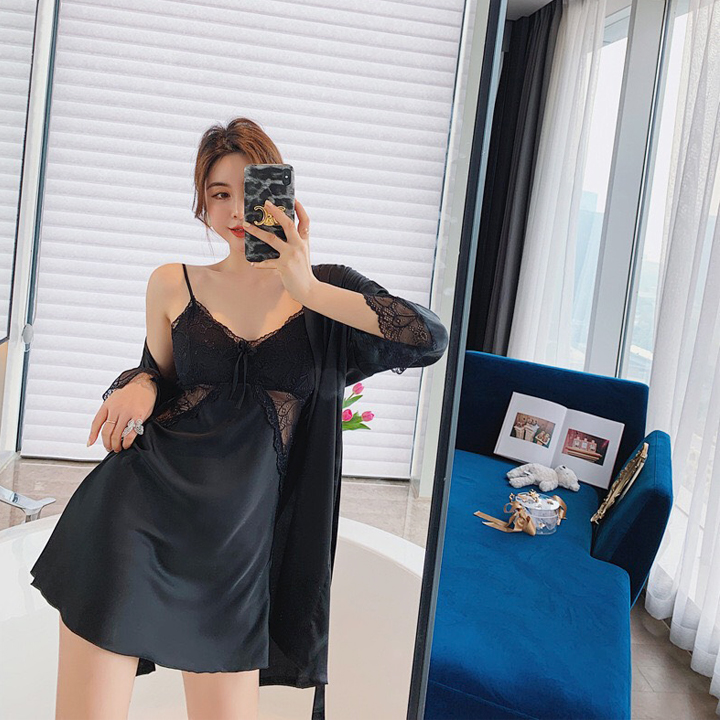 Combo váy ngủ lụa kèm áo choàng mặc nhà sang trọng cao cấp Q125 - Set ngủ lụa cao cấp - Set vay ngủ lụa