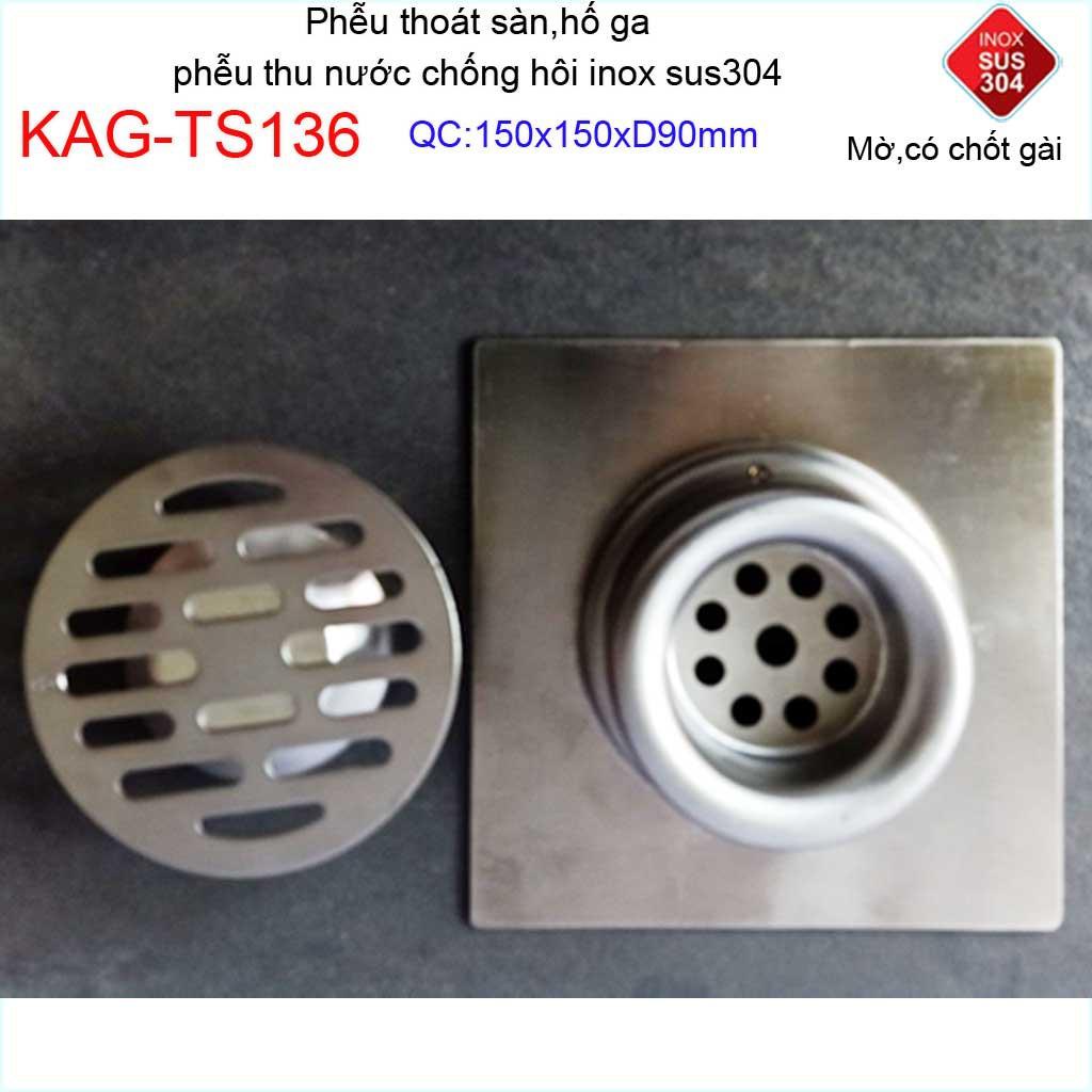 Phễu thoát sàn chống mùi hôi có chốt gài, Phễu thu nước inox 304, thoát sàn Kace 15D90 KAG-TS136