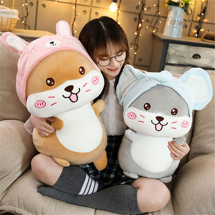 Gấu bông, Gối Ôm chuột hamster mũ xanh siêu cute, Thú nhồi bông chuột hamster mũ xanh siêu cute, Gấu bông sang trọng, Đồ chơi thú bông