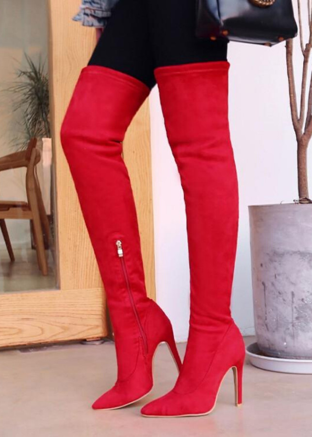 Giày boot nữ da lộn qua gối màu đỏ THỜI THƯỢNG GCC0403