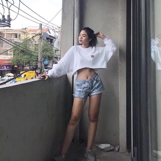 Áo Croptop Tay Dài Form Rộng Hình Cờ Mỹ