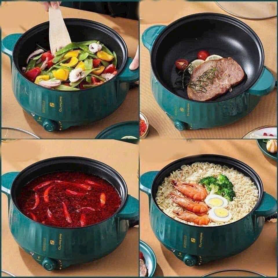 Nồi lẩu điện đa năng 28cm, chống dính vân đá côn suất 1000W kèm giá hấp - Hàng chính hãng