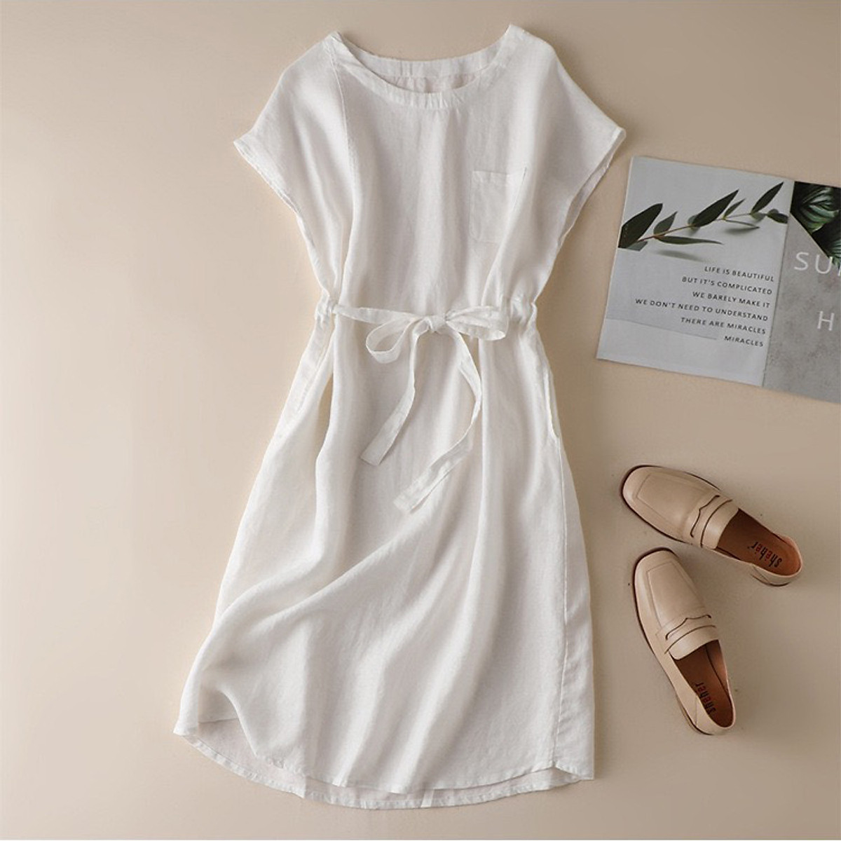 Đầm suông tay hến Linen tưng Hàn rút eo trẻ trung ArcticHunter, có 3 màu lựa chọn