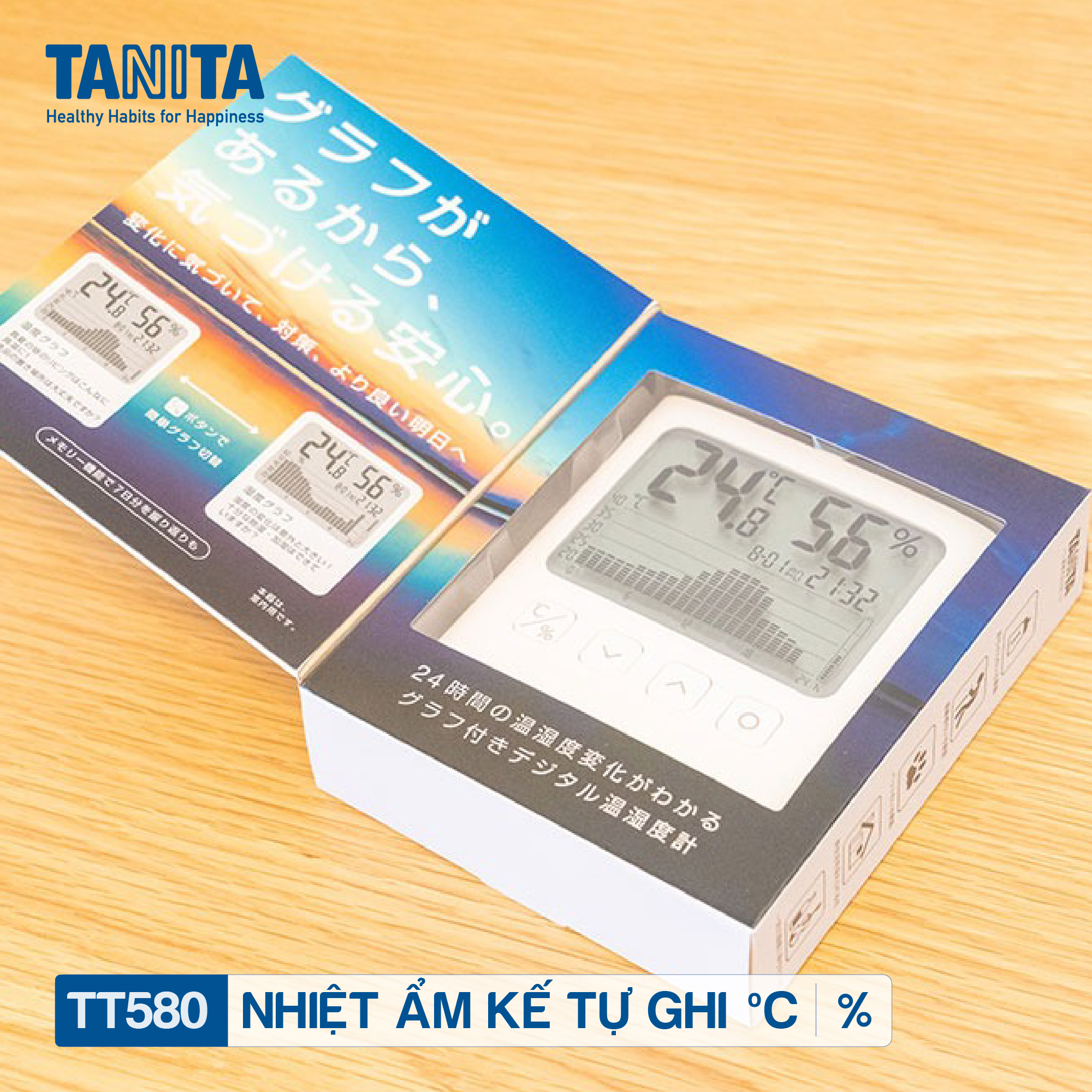 Nhiệt ẩm kế điện tử tự ghi 7 ngày TANITA TT580 chính hãng nhật bản,thiết bị đo độ ẩm nhiệt độ chính xác,màn hình rõ ràng,hiển thị ngày giờ chuông báo thức,có lỗ treo,để bàn phù hợp trong phòng lạnh, bệnh viện, gia đình có trẻ sơ sinh