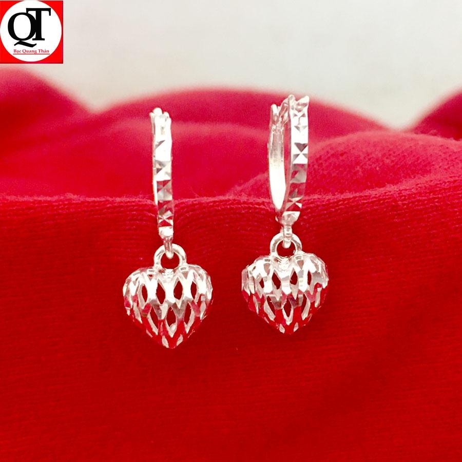 Bông tai bạc nữ Bạc Quang Thản kiểu dáng dài treo trái tim phồng phay sáng bóng chất liệu bạc ta không xi mạ