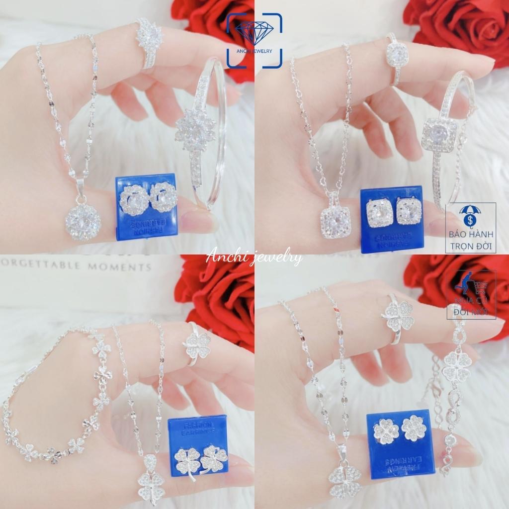 Bộ trang sức bạc nữ cao cấp 4 món( dây chuyền/ nhẫn/ bông tai/ vòng tay) giá rẻ, trang sức bạc Anchi jewelry