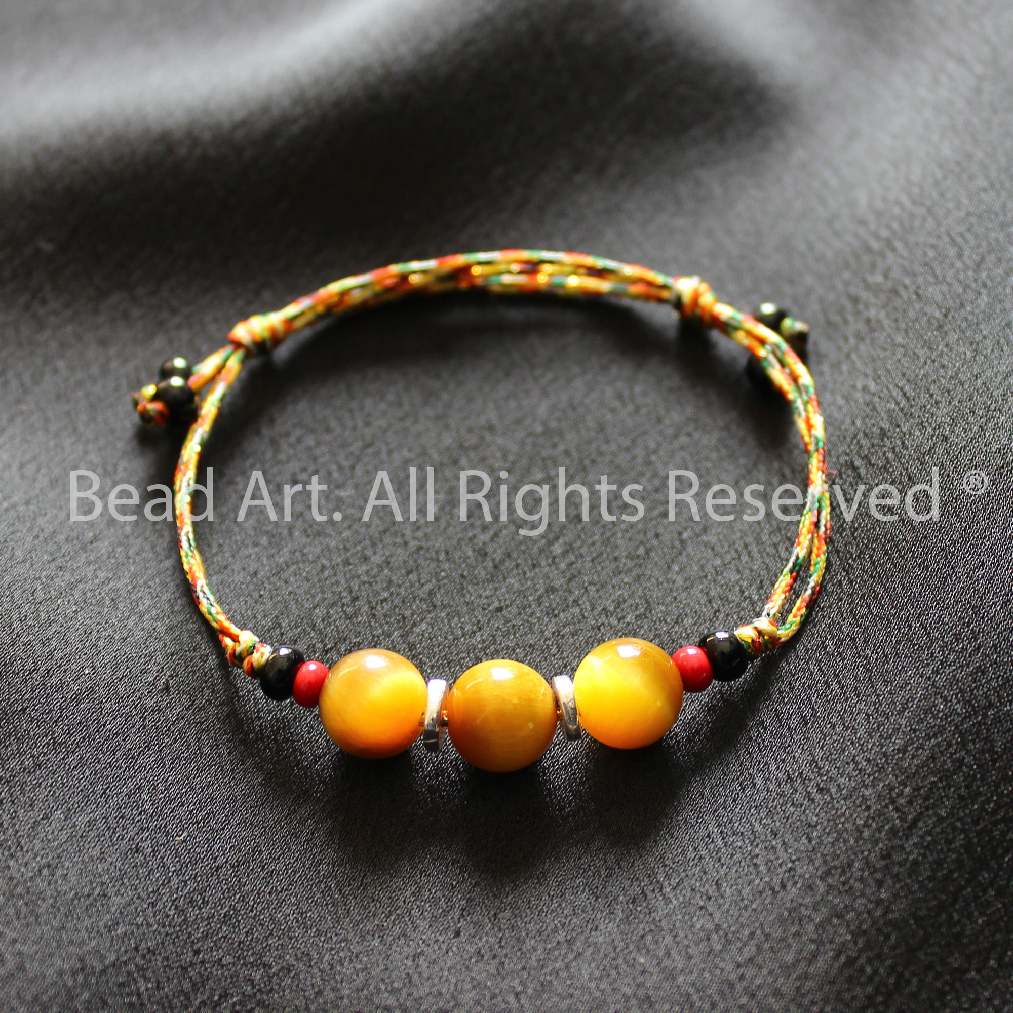 Vòng Tay Ngũ Sắc Thắt Dây Và Đá Mắt Hổ Vàng, Golden Tiger Eye Thiên Nhiên, Vòng Tay Phong Thuỷ, Mệnh Thổ, Kim - Bead Art
