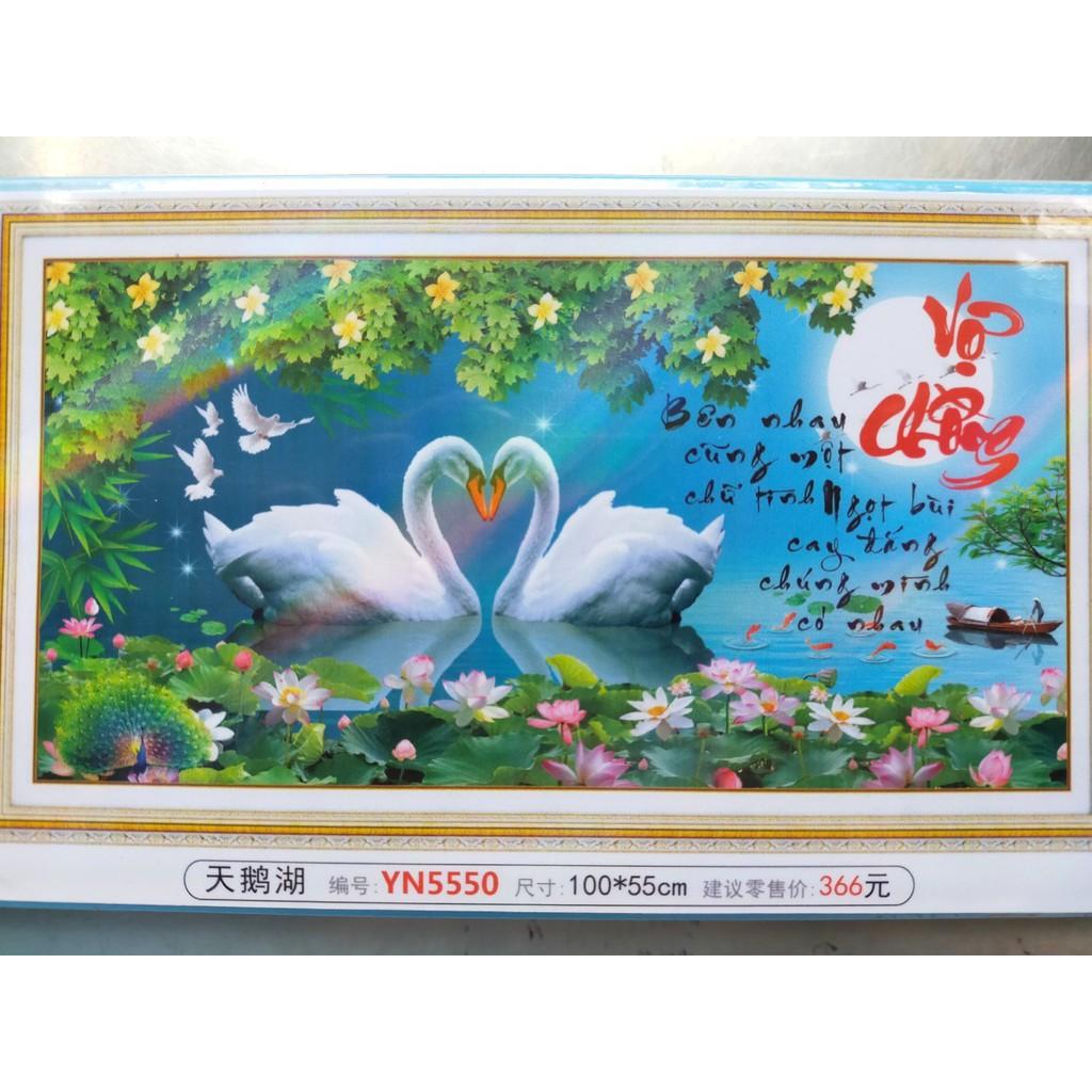 Tranh đá vợ chồng thiên nga hoa sen YN5550 - kích thước: 100 * 55cm.