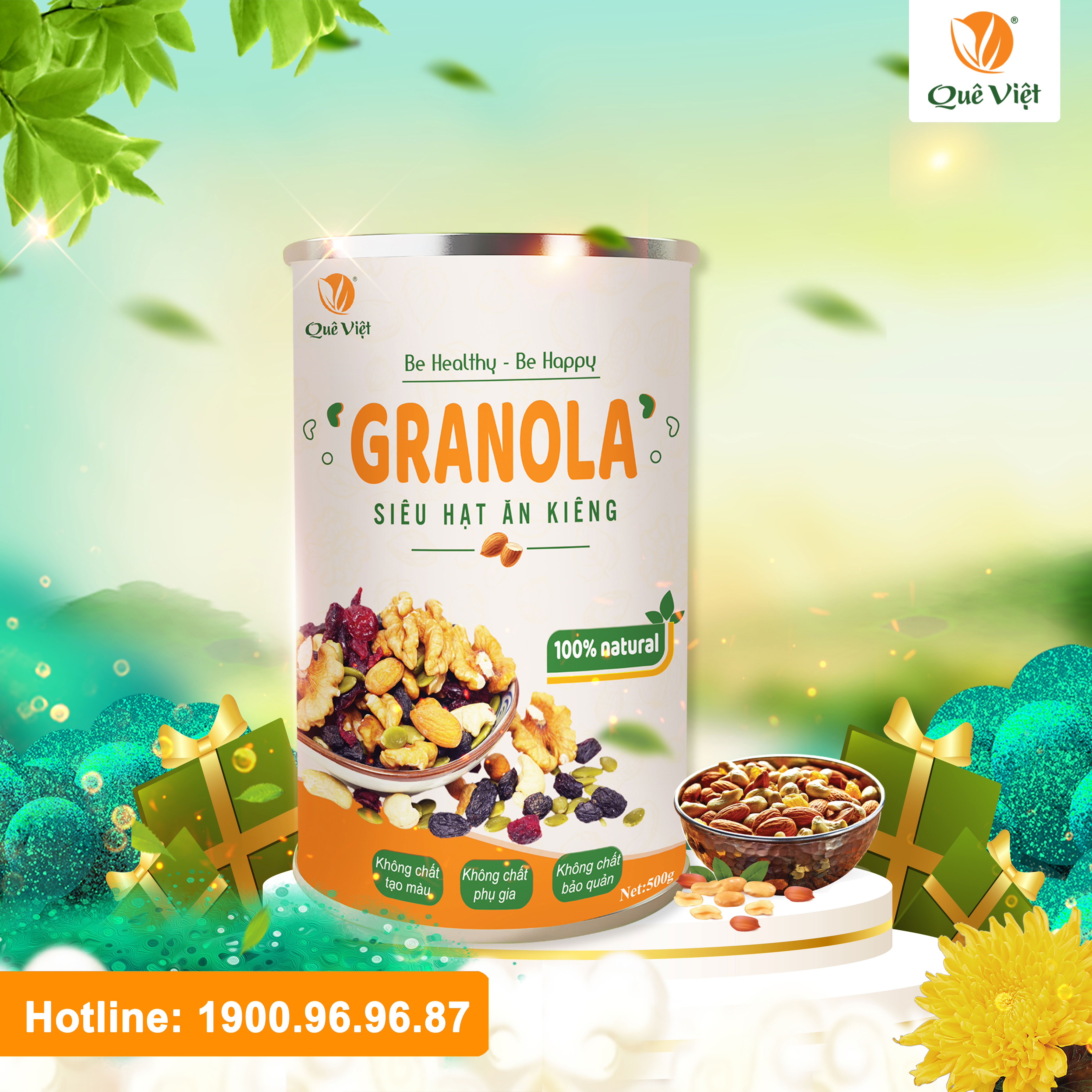 Granola siêu hạt ngũ cốc ăn kiêng Quê Việt, nguyên liệu hữu cơ - combo 5 hộp x 500g/hộp