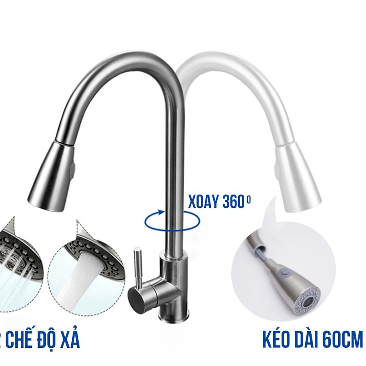 Combo chậu rửa chén bát inox kích thước 8245, vòi rửa bát nóng lạnh inox rút dây, bộ xả chậu, bình xà phòng, rá rau củ đa năng