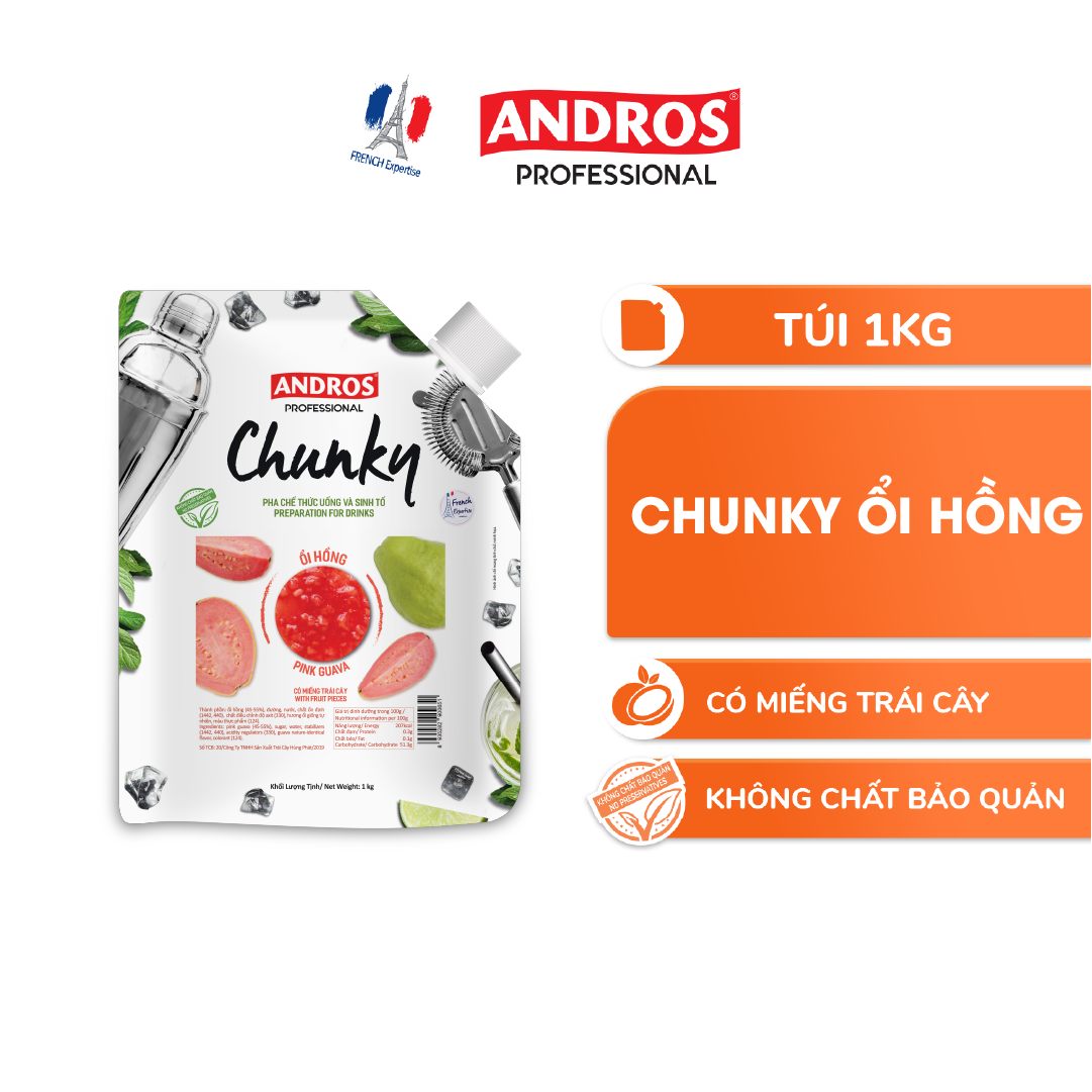 Mứt Trái Cây Pha Chế Ổi Hồng - Có Miếng Trái Cây Thật - ANDROS CHUNKY - 1KG