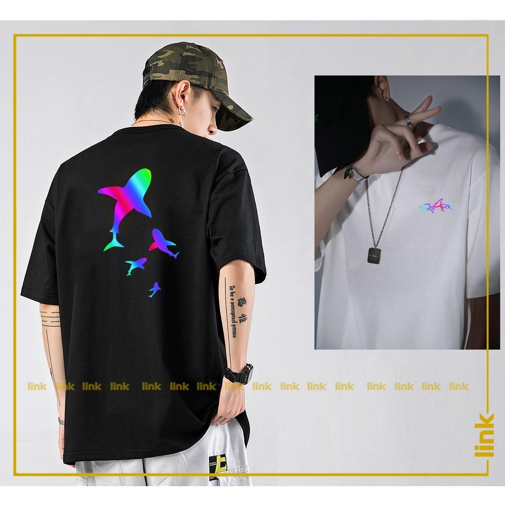 Áo thun tay lỡ phản quang in hình CÁ MẬP đa sắc unisex