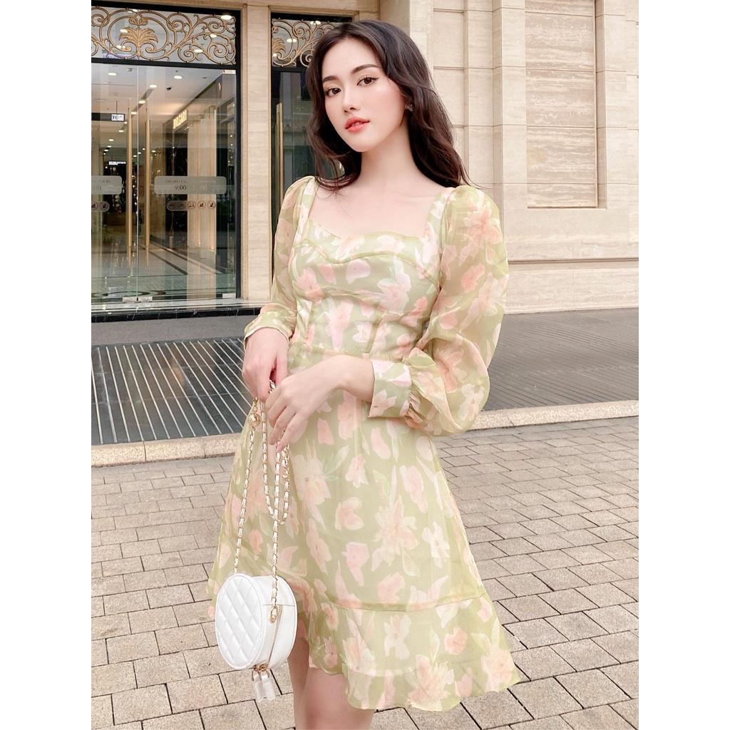 RECHIC Đầm Ngắn Vience họa tiết hoa cổ vuông tay dài cột dây lưng thời thượng xinh xắn