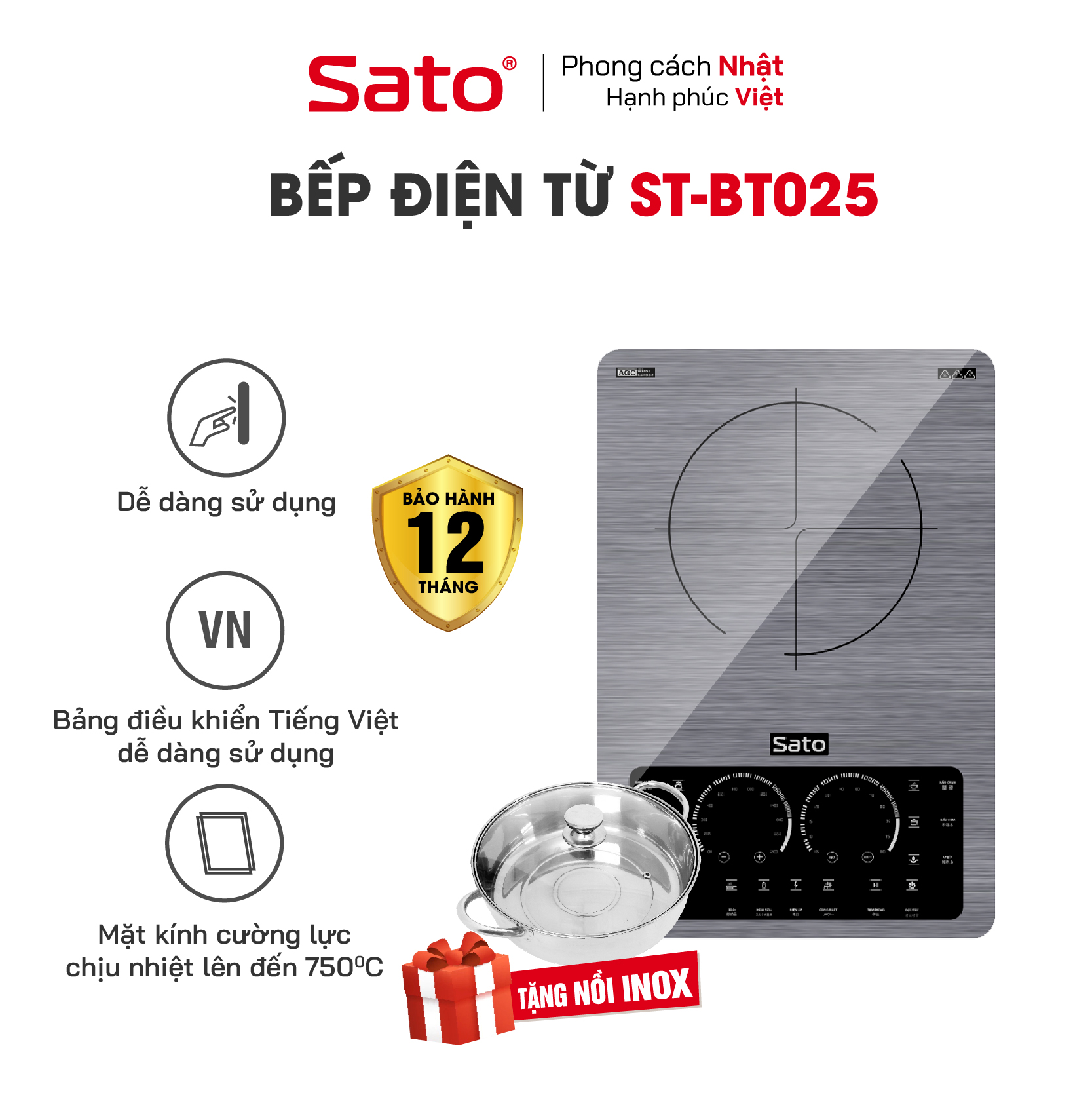 Bếp từ đơn SATO BT025 (Tặng kèm nồi lẩu Inox) - Mặt kính cường lực cao cấp chống xước, chịu nhiệt lên tới 750 °C độ bền cao và an toàn tuyệt đối - Miễn phí vận chuyển toàn quốc - Hàng chính hãng