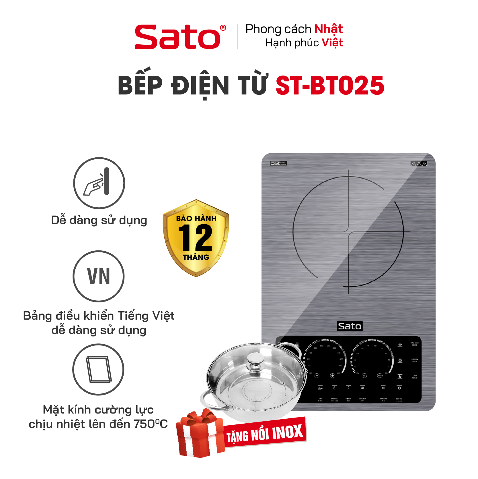 Bếp từ đơn SATO BT025  - Mặt kính cường lực cao cấp chống xước, chịu nhiệt lên tới 750 °C độ bền cao và an toàn tuyệt đối - Miễn phí vận chuyển toàn quốc - Hàng chính hãng