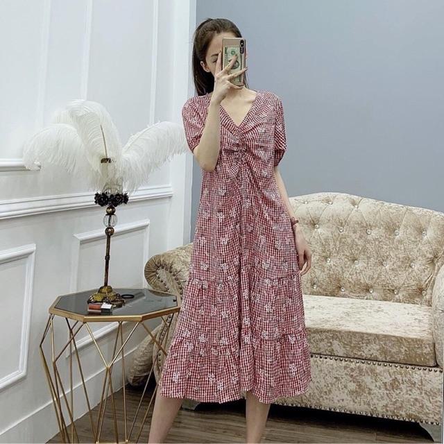 Đầm hoa dáng dài dúm ngực xếp tầng đuôi cá sang chảnh