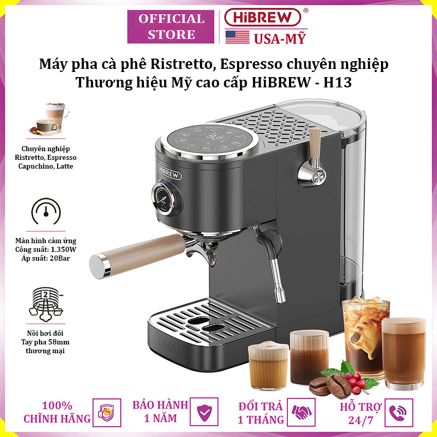 Máy pha cà phê Cappuccino, Ristretto, Espresso, Latte chuyên nghiệp thương hiệu Mỹ cao cấp HiBREW H13 - Hàng chính hãng (BH 12 THÁNG)
