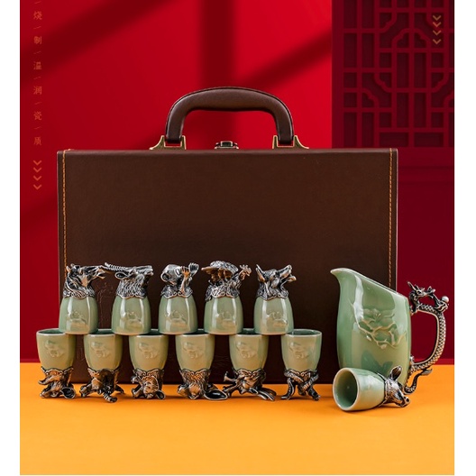 Bộ Ly Rượu Ly Trà Sứ Ngọc Phù Điêu 12 Con Giáp