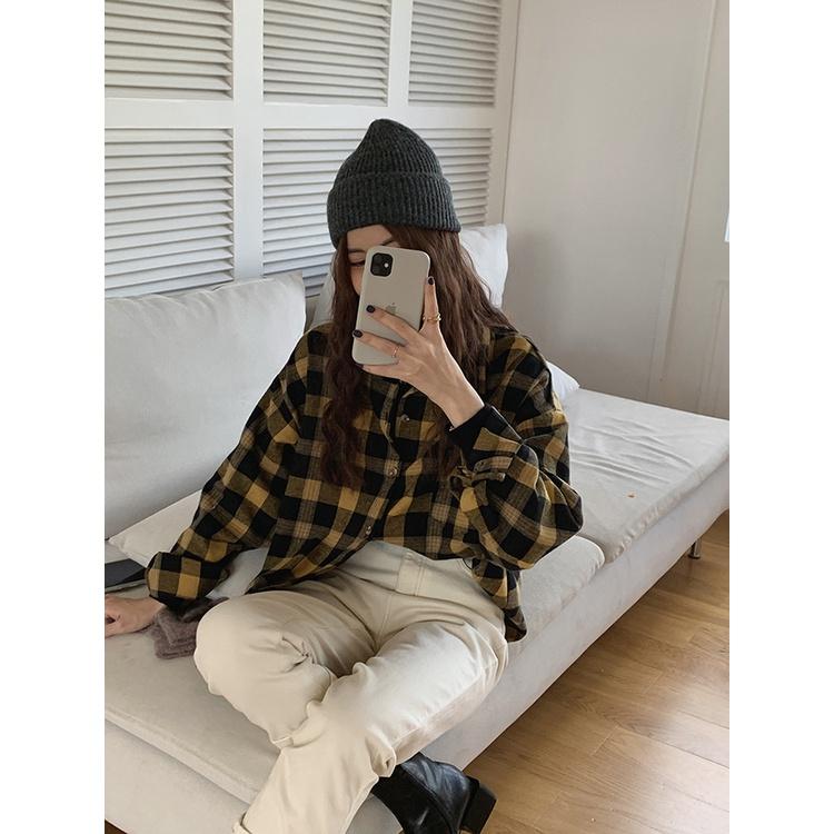 Áo sơ mi nữ Kẻ sọc caro Retro Form rộng Dài tay Cao cấp Thu Đông Ulzzang Hàn Quốc Sơ mi nữ Tay dài Thời trang